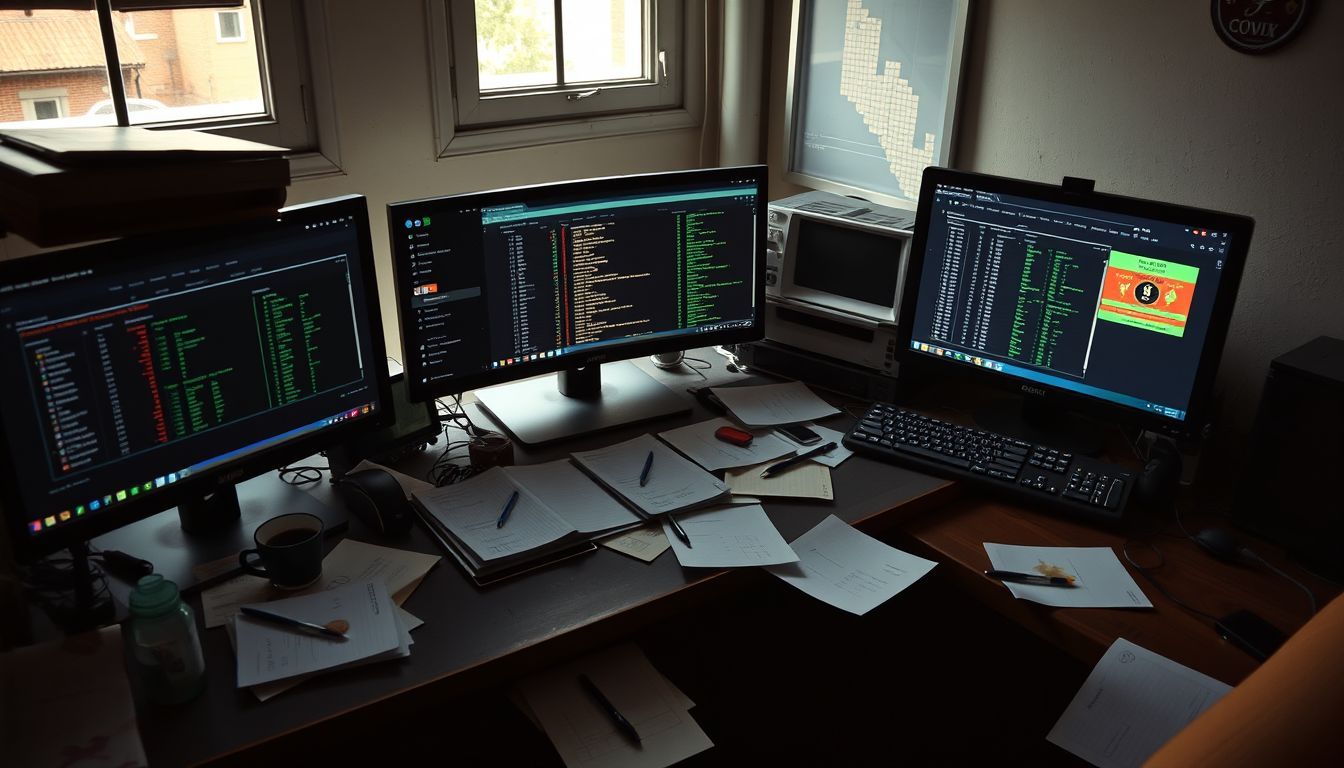 A cluttered desk with multiple cryptocurrency staking platforms displayed on computer screens.