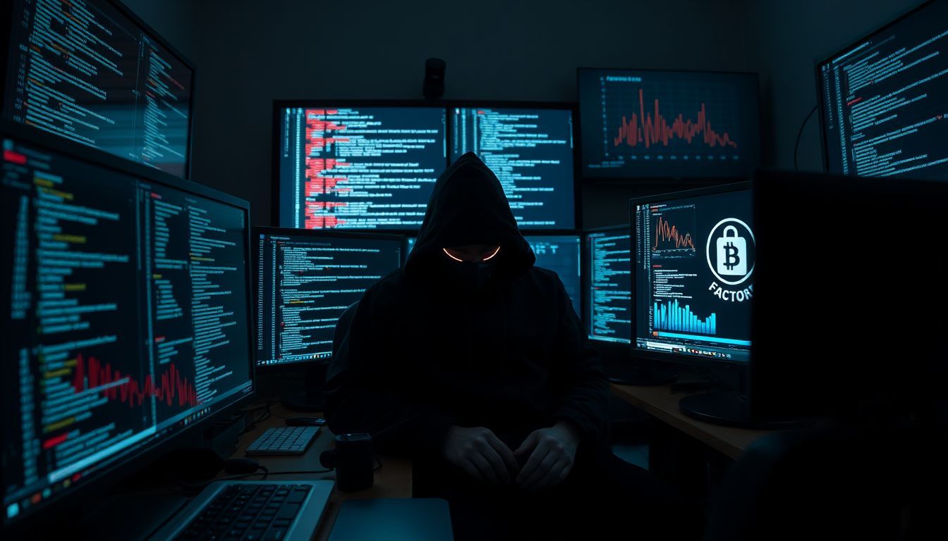 A hacker in a dim room targets a digital wallet. A hacker in a dim room targets a digital wallet.