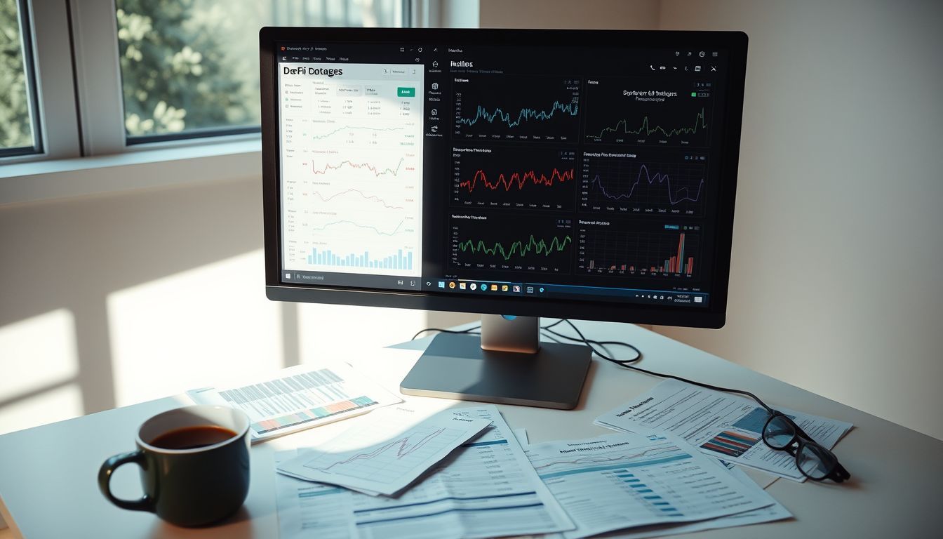 A desk with a computer displaying DeFi platforms and financial documents.