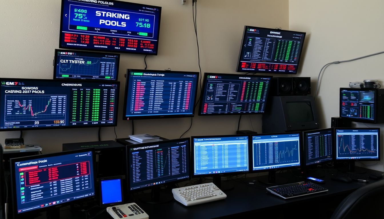 A photo of multiple staking pools on digital screens in a tech-filled room. A photo of multiple staking pools on digital screens in a tech-filled room.