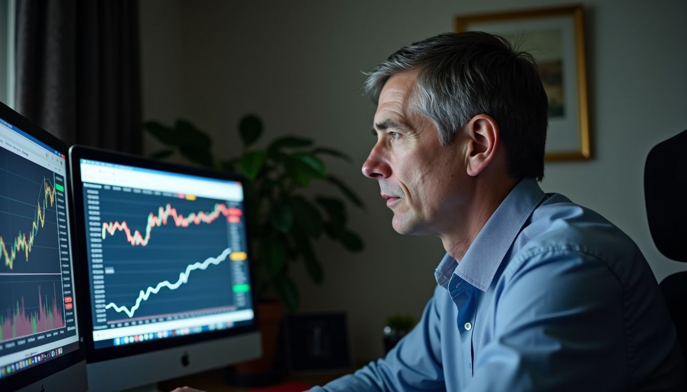 A middle-aged government official analyzing cryptocurrency data on a computer screen.