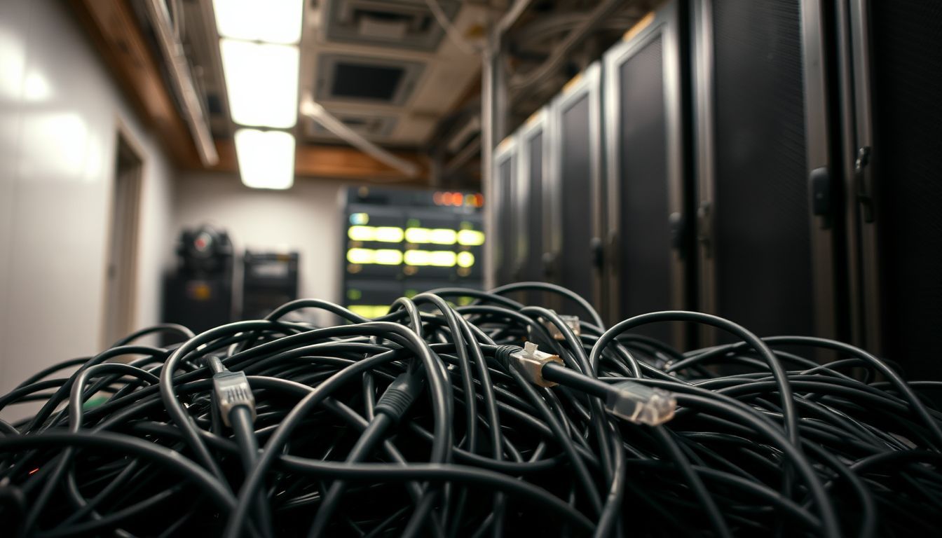 A messy pile of Ethernet cables in a server room. A messy pile of Ethernet cables in a server room.