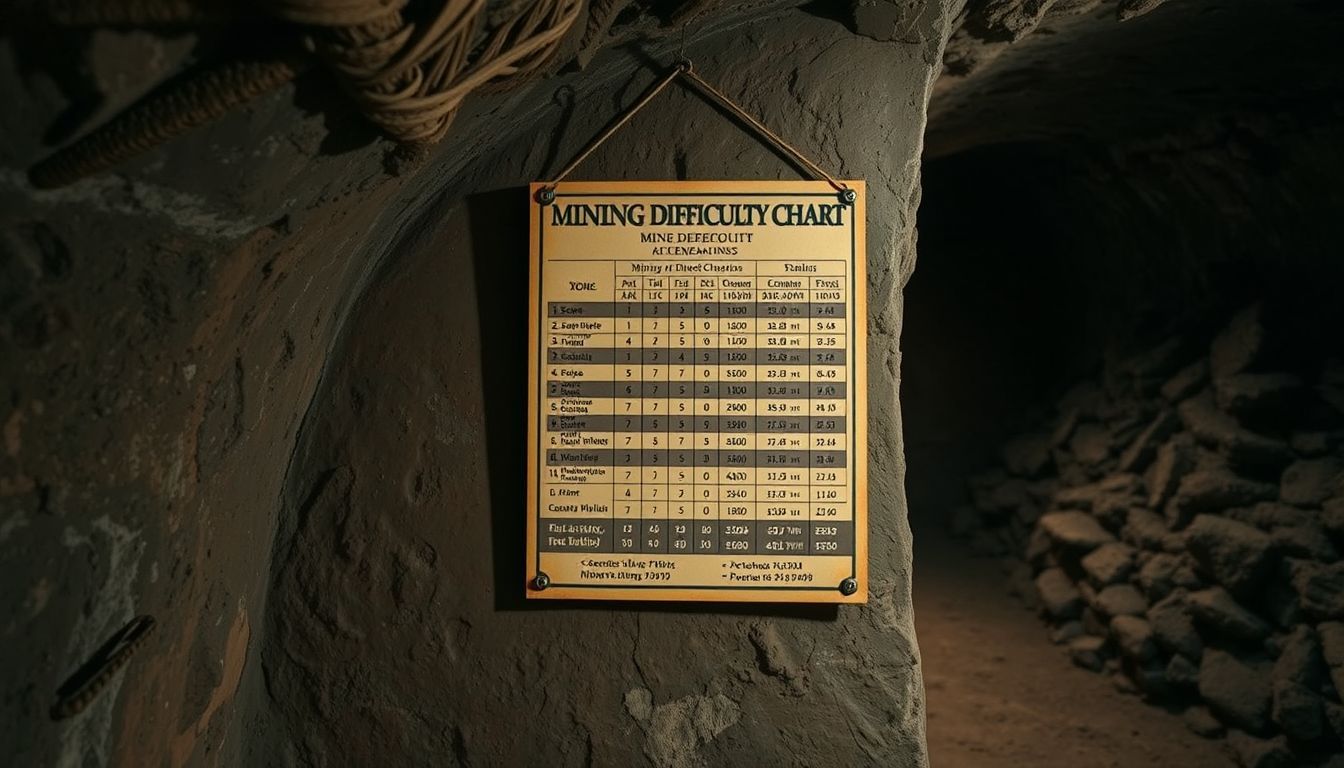 A vintage mining difficulty chart hanging in an underground tunnel. A vintage mining difficulty chart hanging in an underground tunnel.
