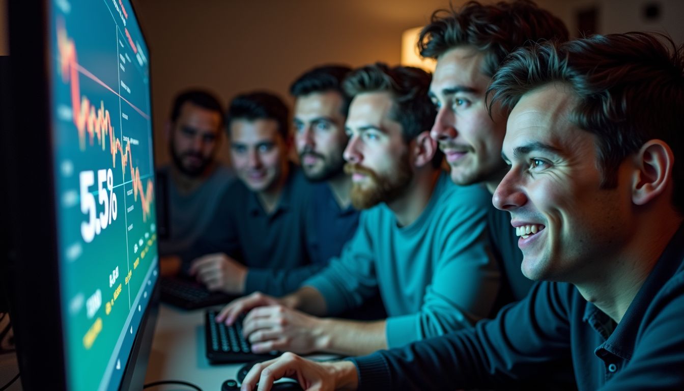 A group of cryptocurrency miners gather around a computer screen.