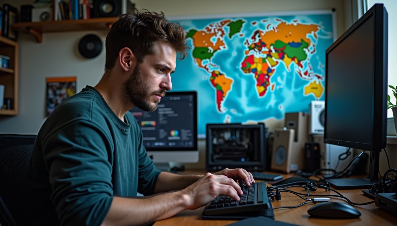 A person in their 30s adjusting new mining gear in a cluttered home office. A person in their 30s adjusting new mining gear in a cluttered home office.