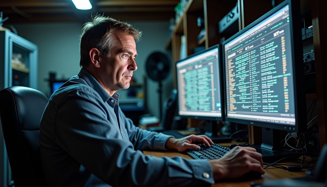 A man focuses on cryptocurrency mining in a cluttered basement office.