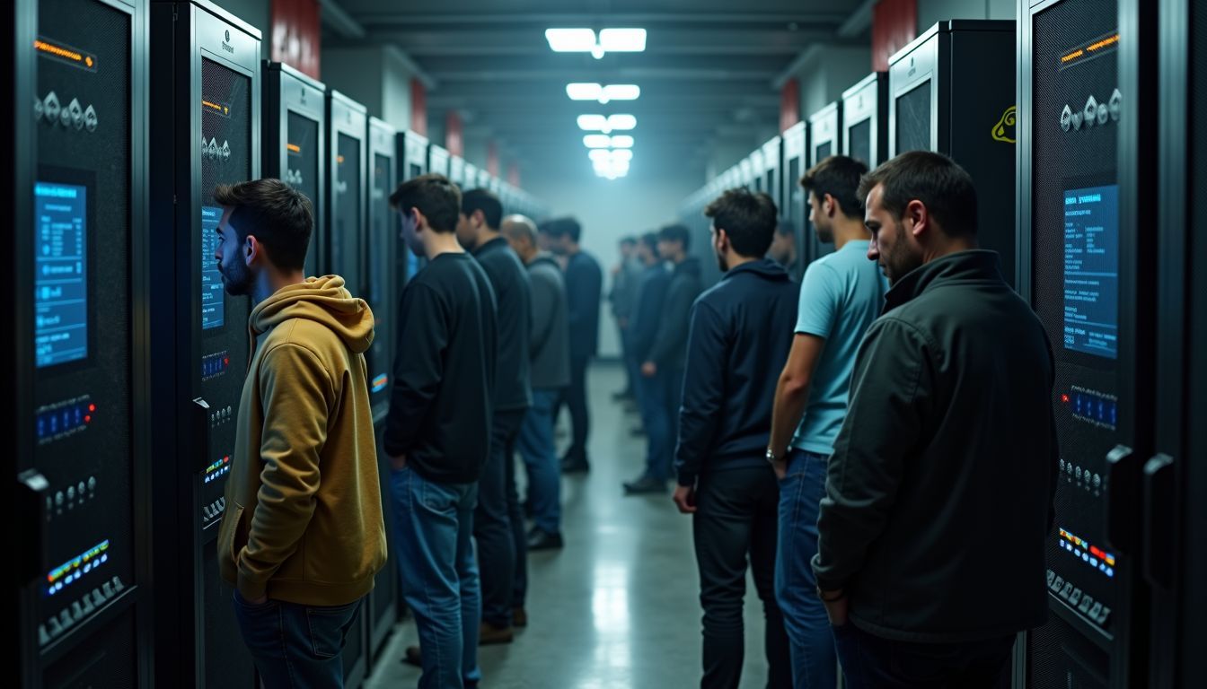 Group of cryptocurrency miners in warehouse preparing for Bitcoin halving event.