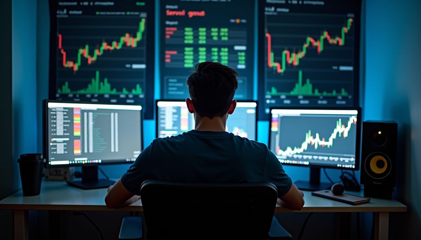 A person analyzing cryptocurrency data on cluttered computer screens.
