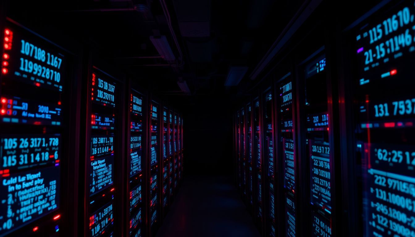 A basement filled with rows of buzzing computer servers displaying mathematical equations. A basement filled with rows of buzzing computer servers displaying mathematical equations.