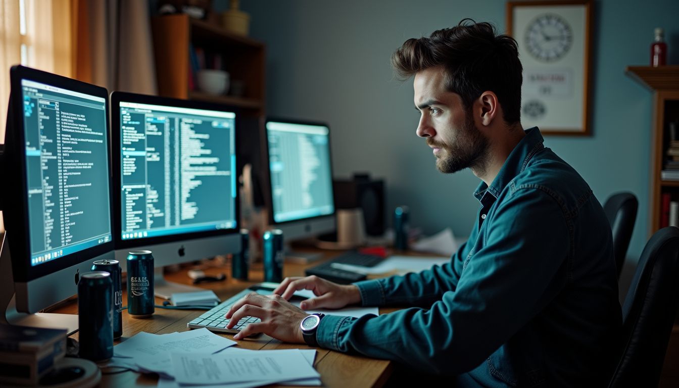 A person working on complex mathematical algorithms in a cluttered office.