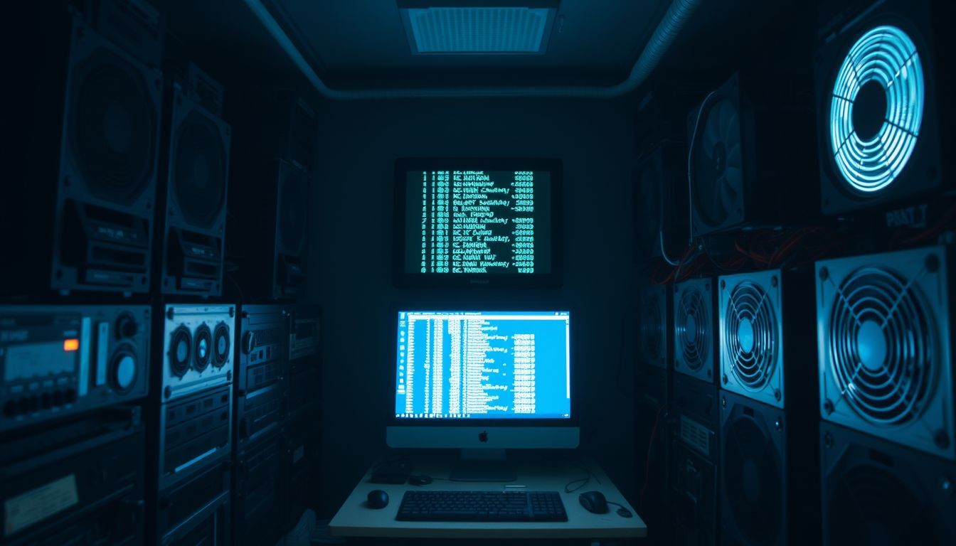 The photo shows a room with a computer and mining equipment.