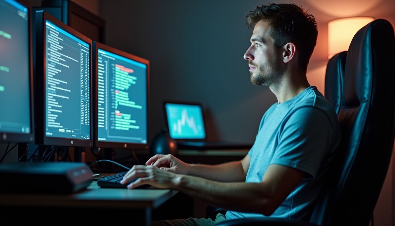 A person is analyzing energy efficiency in cloud mining on computer screens. A person is analyzing energy efficiency in cloud mining on computer screens.