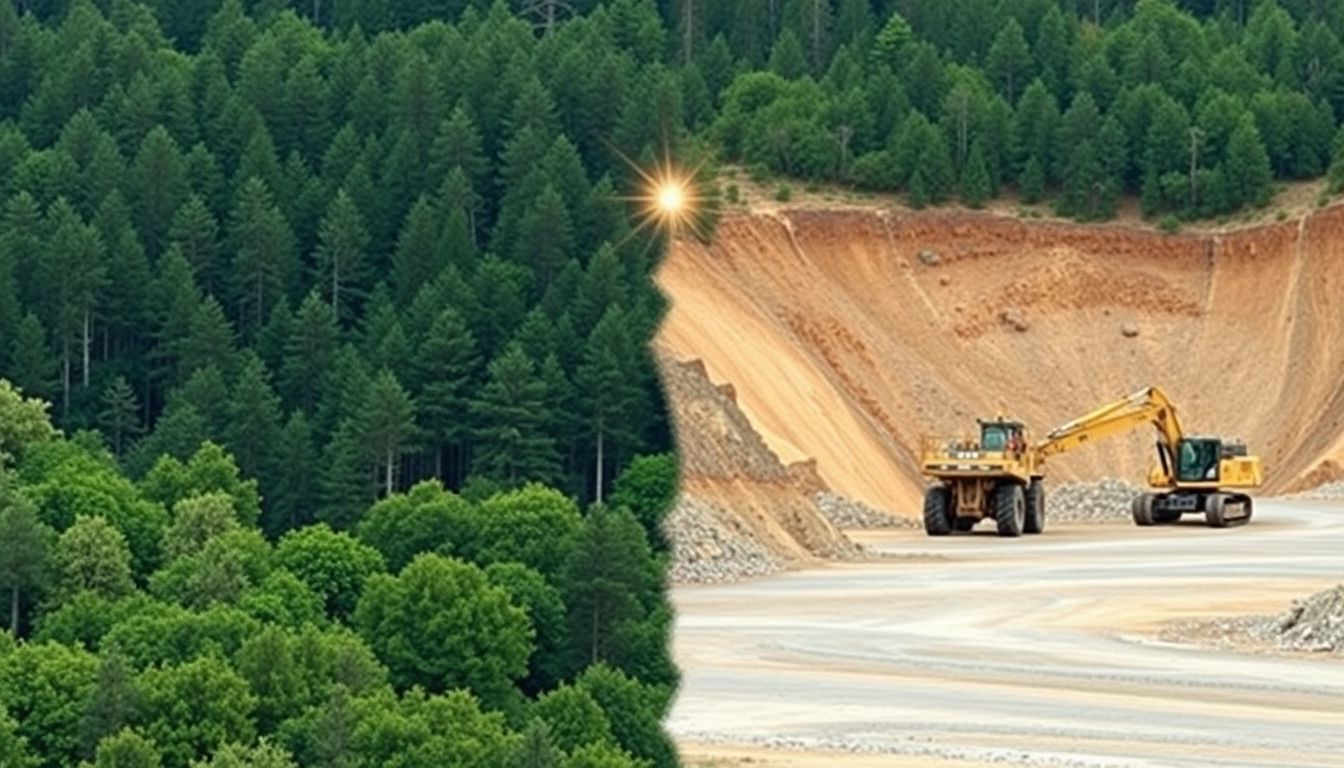 Contrast between untouched forest and unsustainable mining site.