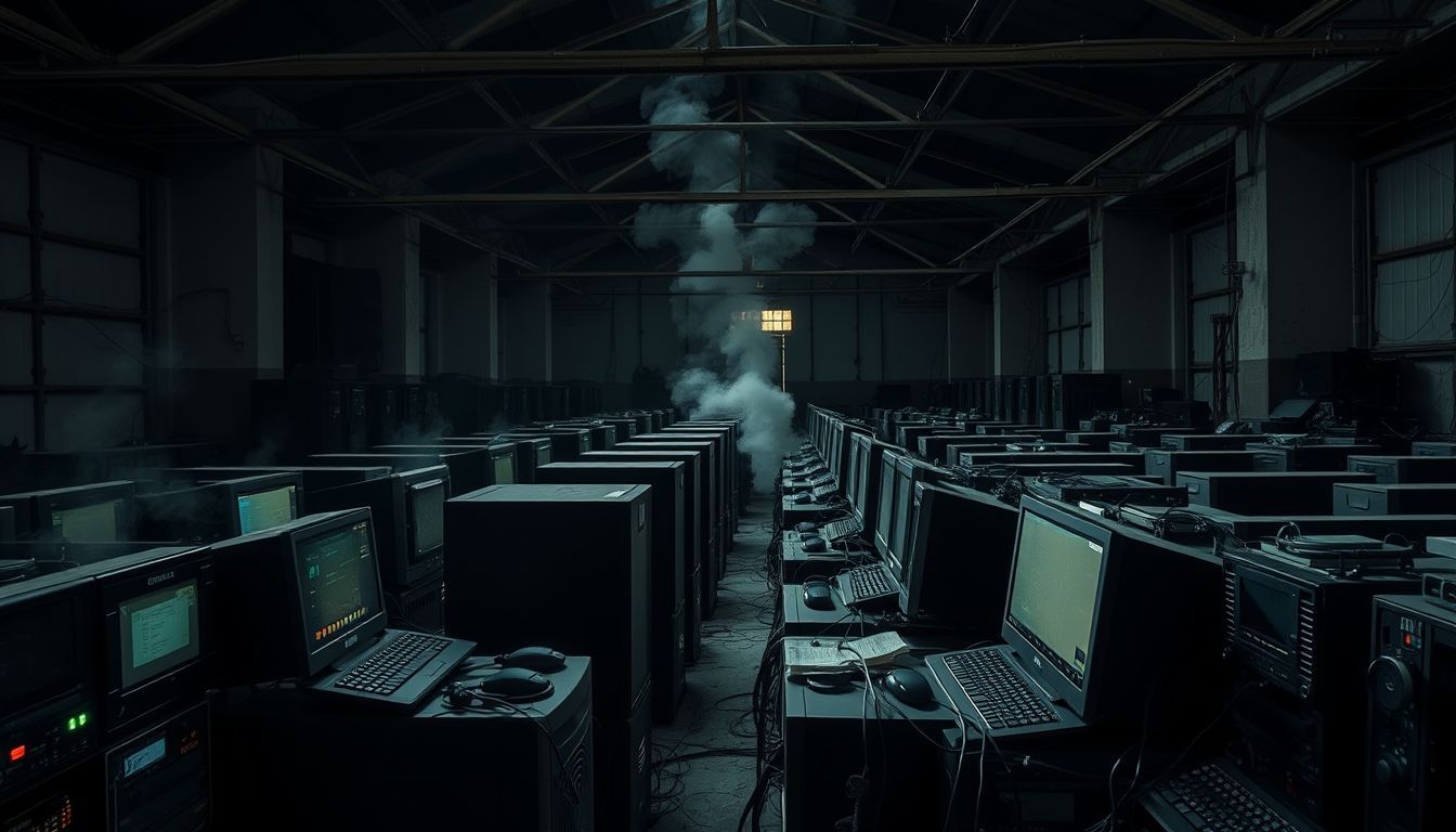 Abandoned warehouse filled with overheated altcoin mining computers.