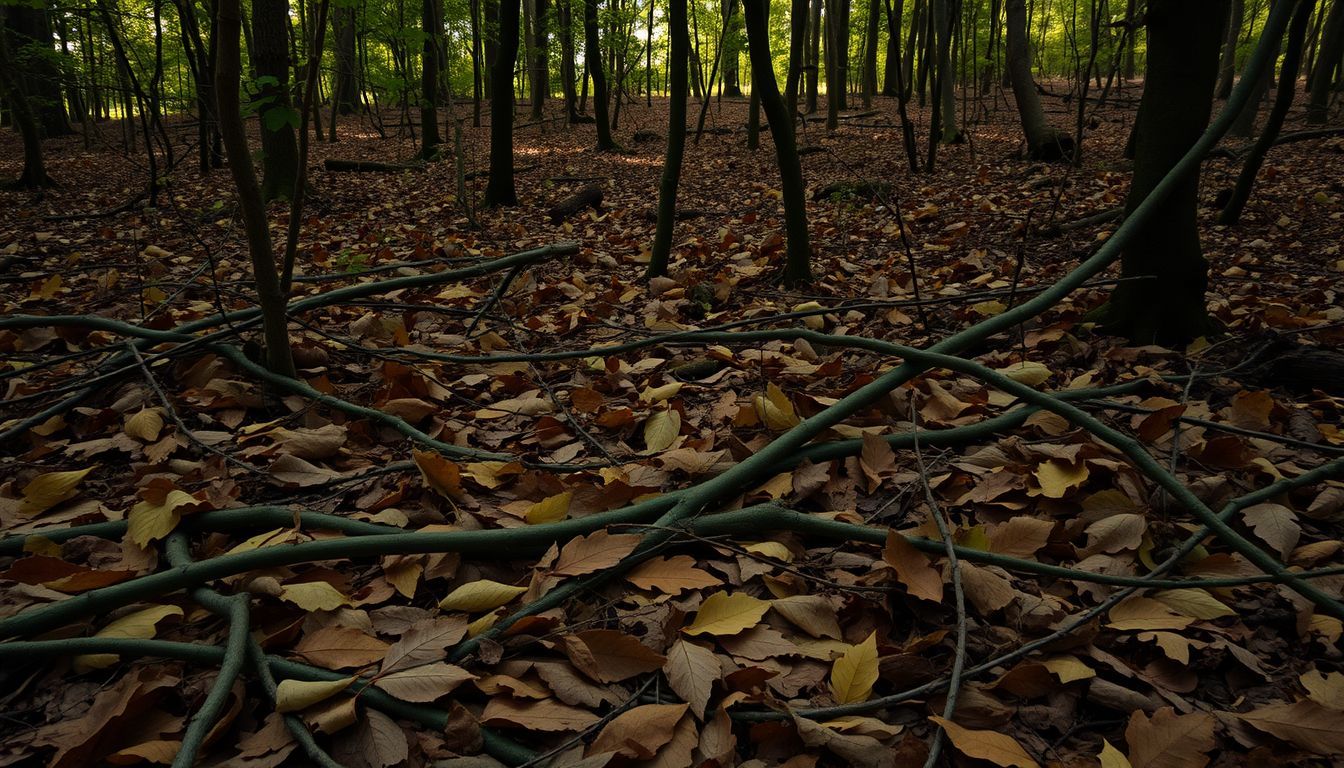 A forest floor covered in fallen leaves and branches.