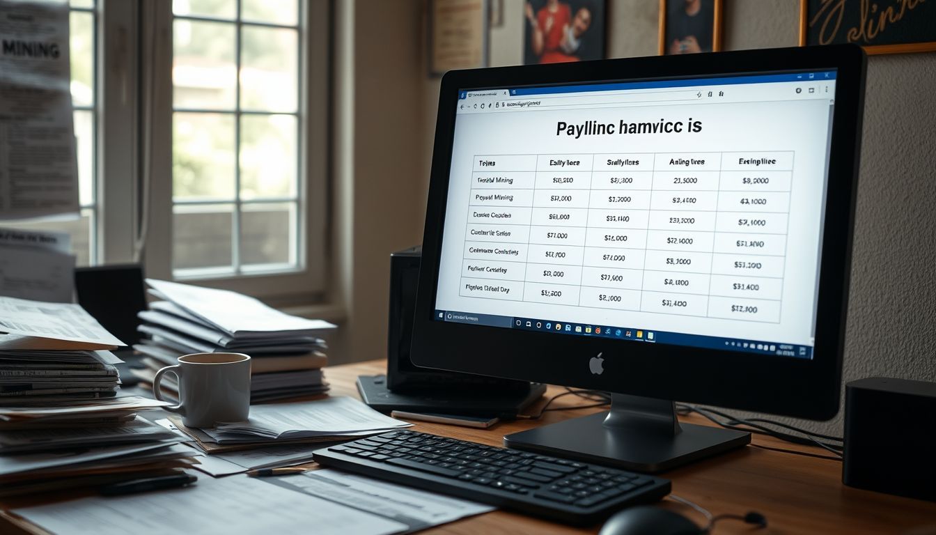 A computer screen shows cloud mining payout systems on a messy desk. A computer screen shows cloud mining payout systems on a messy desk.