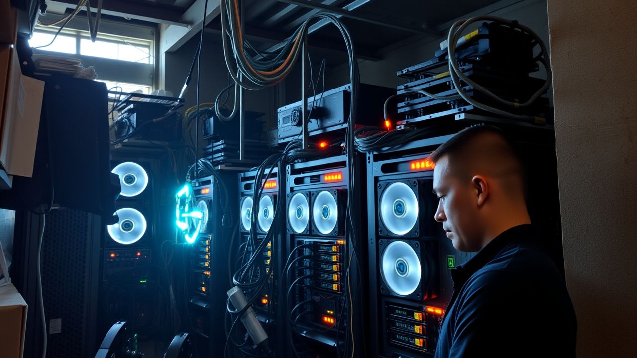 Several cryptocurrency mining rigs in a cluttered warehouse with tangled wires.